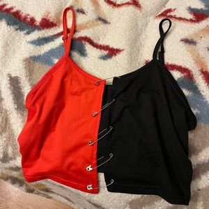 A red & black top with bobby pins down the middle!